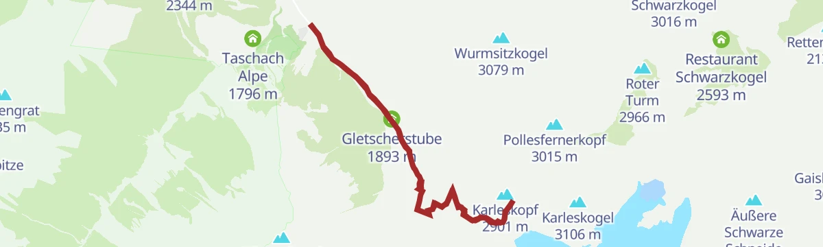 Route map: Mittelberg - Braunschweiger Hütte - Karleskopf - Mittelberg